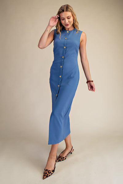 Round Neck Button Down Midi Dress