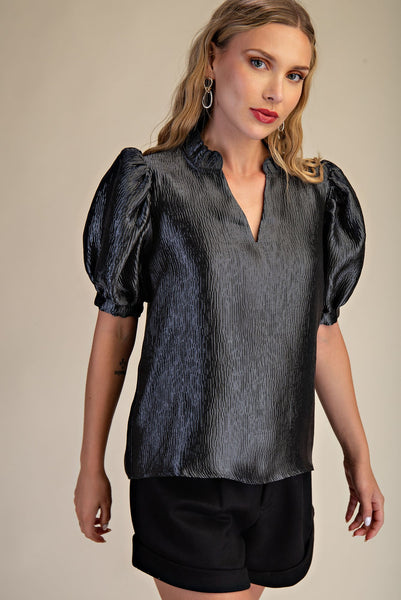 Ruffle V-Neck Puff Sleeve Top