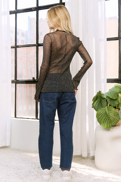 Lurex Mesh High Neck Long Sleeve Top