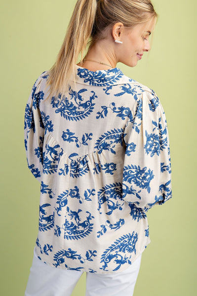 Printed Collared Front Tie Blouse