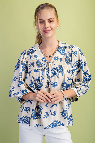 Printed Collared Front Tie Blouse