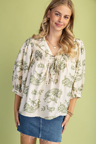 Printed Collared Front Tie Blouse