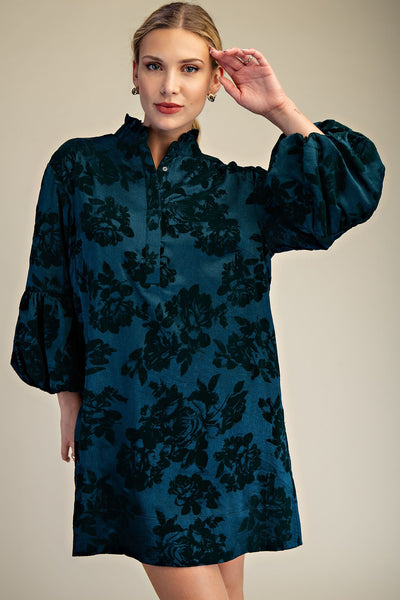 Ruffled Neck Bubble Sleeve Dress