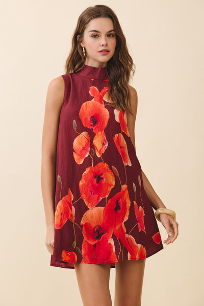 Floral Mock Neck Swing Mini Dress