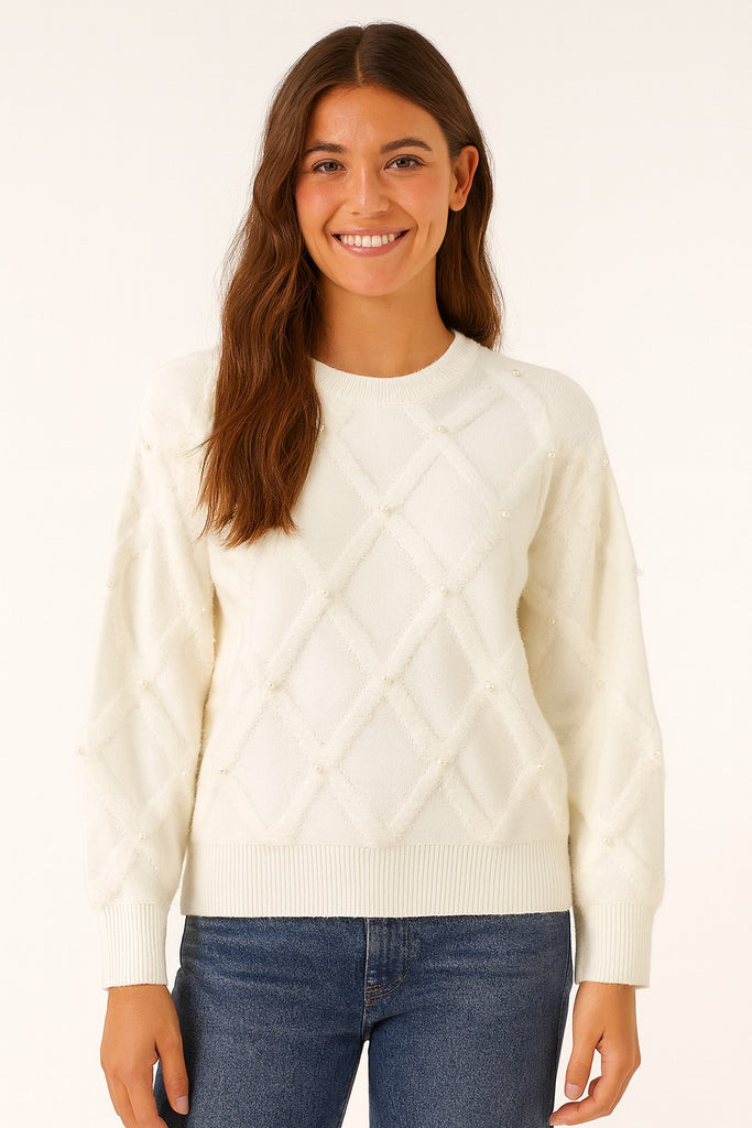 Diamond Knit Pearl Pullover Sweater