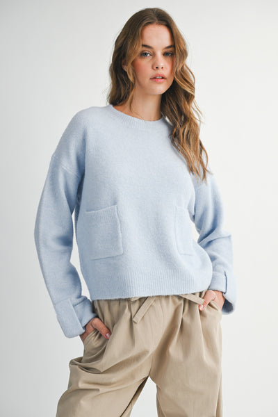 Crew Neck Pullover Sweater W/ Front Pocket