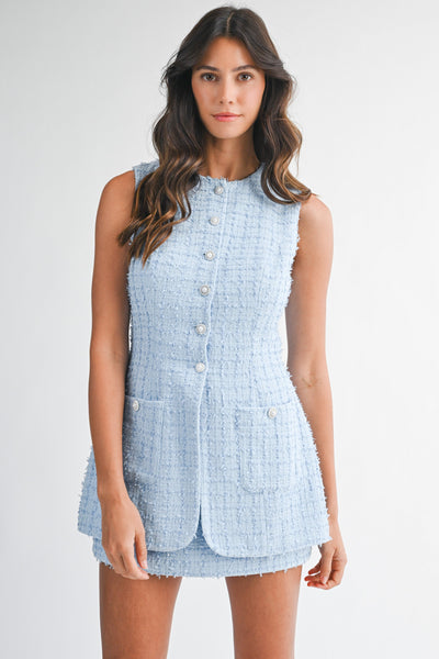 Tweed Sleeveless Button Down Mini Dress