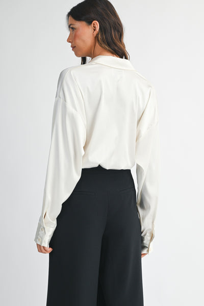 Satin Long Sleeve Collar Bodysuit Top