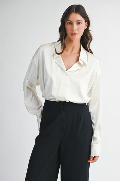 Satin Long Sleeve Collar Bodysuit Top