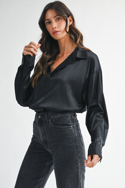 Satin Long Sleeve Collar Bodysuit Top