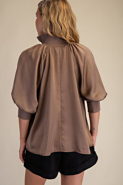 Mock Neck Band Puff Sleeve Blouse