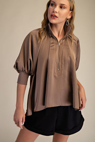 Mock Neck Band Puff Sleeve Blouse