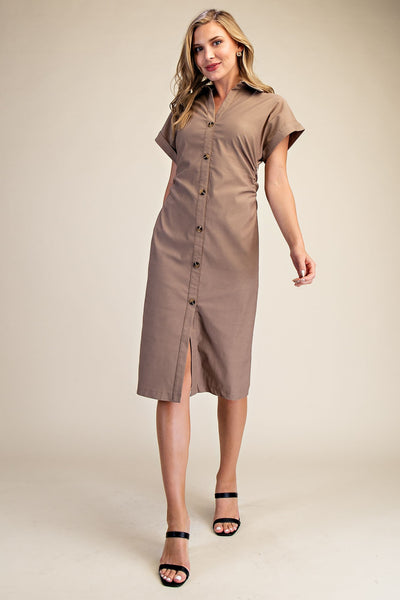 Lapel Collar V-Neck Midi Shirt Dress