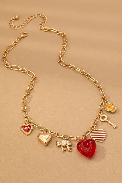 Charm Necklace hearts Key Bow Love