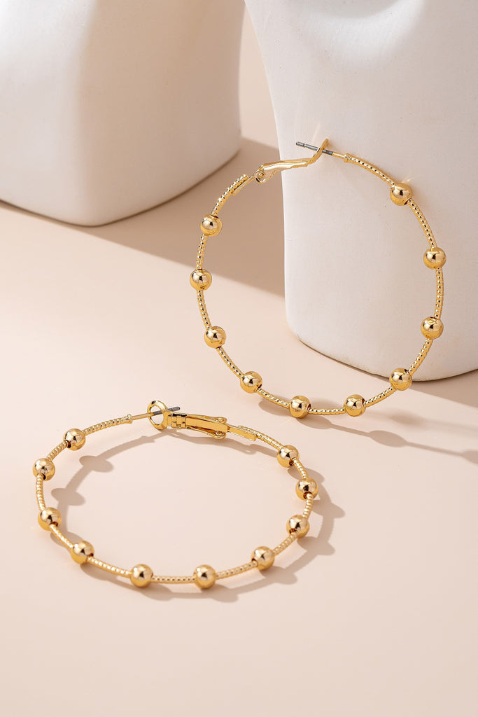 Classic Gold Ball Beaded Station Hoop Earrings