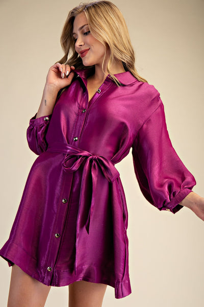 Puff Sleeve Waist Tie Shirt Mini Dress