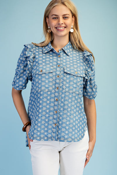 Floral Embroidered Denim Button Up Top