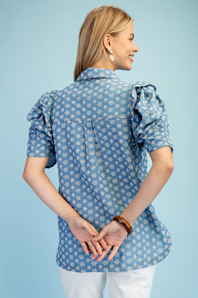 Floral Embroidered Denim Button Up Top