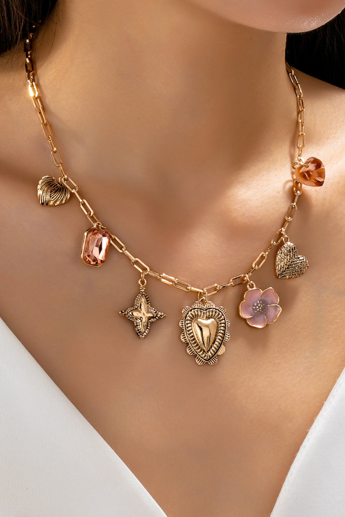 Heart Flower Clover Rhinestone Charm Necklace