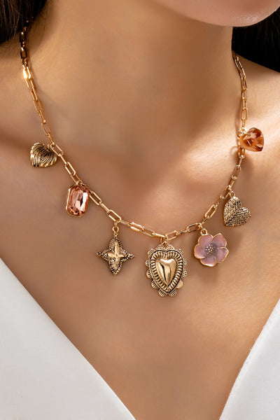 Heart Flower Clover Rhinestone Charm Necklace