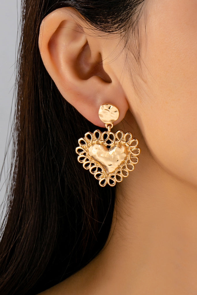 Ornate Hammered Heart Drop Earrings