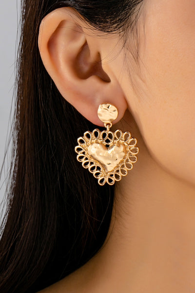 Ornate Hammered Heart Drop Earrings