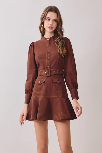 Contrast Topstitching Mock Neck Dress
