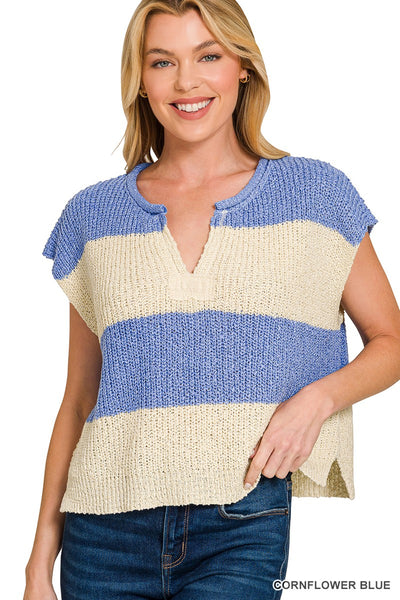 Split Neck Sleeveless Stripe Sweater Top