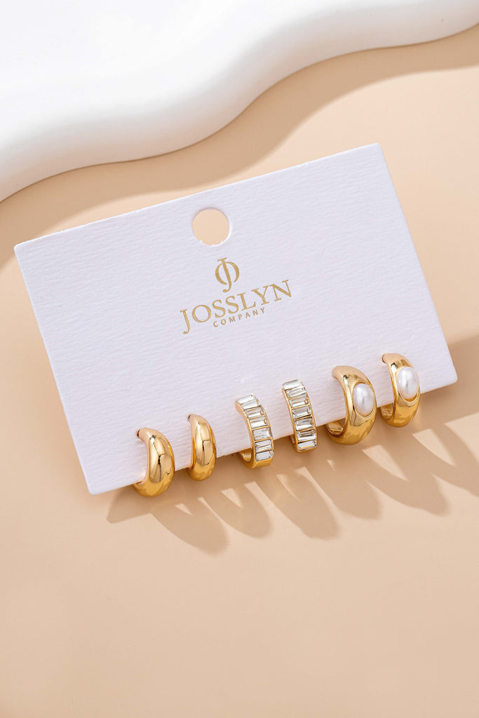 Pearl & Baguette Huggie Hoop Trio Earring Set
