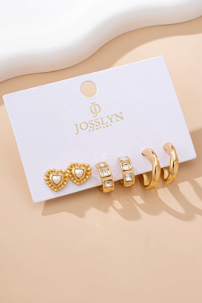 Pearl Heart & Rhinestone Huggie Hoop Earrings Trio Set