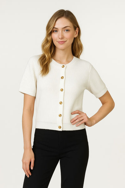 Ribbed Short Sleeve Button Cardigan
