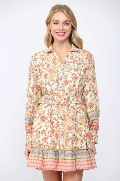 Border Print Self Tie Belt Shirt Dress