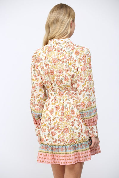 Border Print Self Tie Belt Shirt Dress