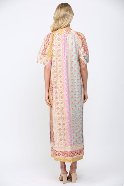 Patchwork Print Deep V-Neck Dress