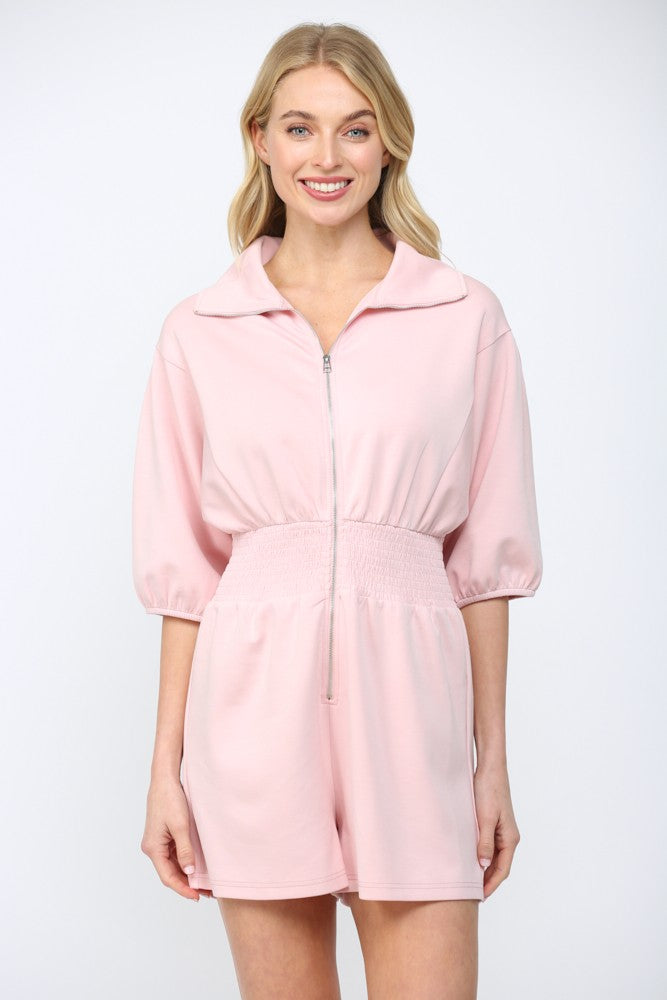 Full Front Zip Closure Smocked Waist Romper