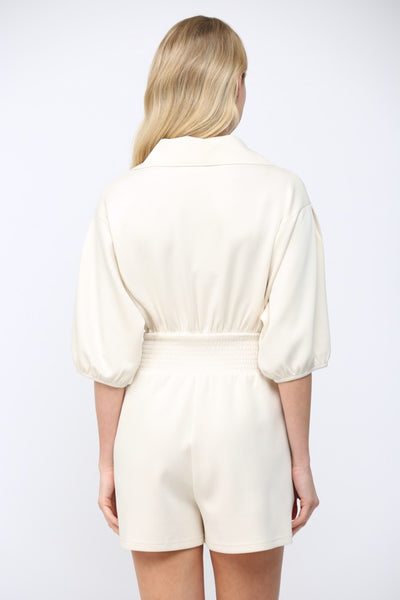 Full Front Zip Closure Smocked Waist Romper