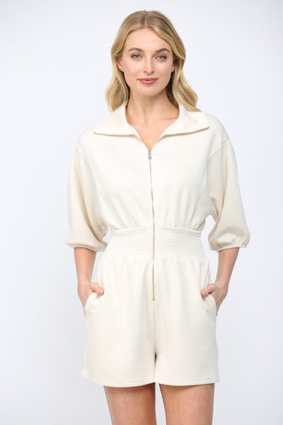 Full Front Zip Closure Smocked Waist Romper