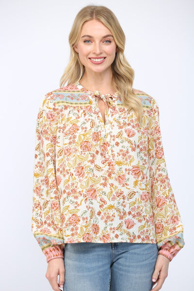 Border Print Tie Neck Peasant Top
