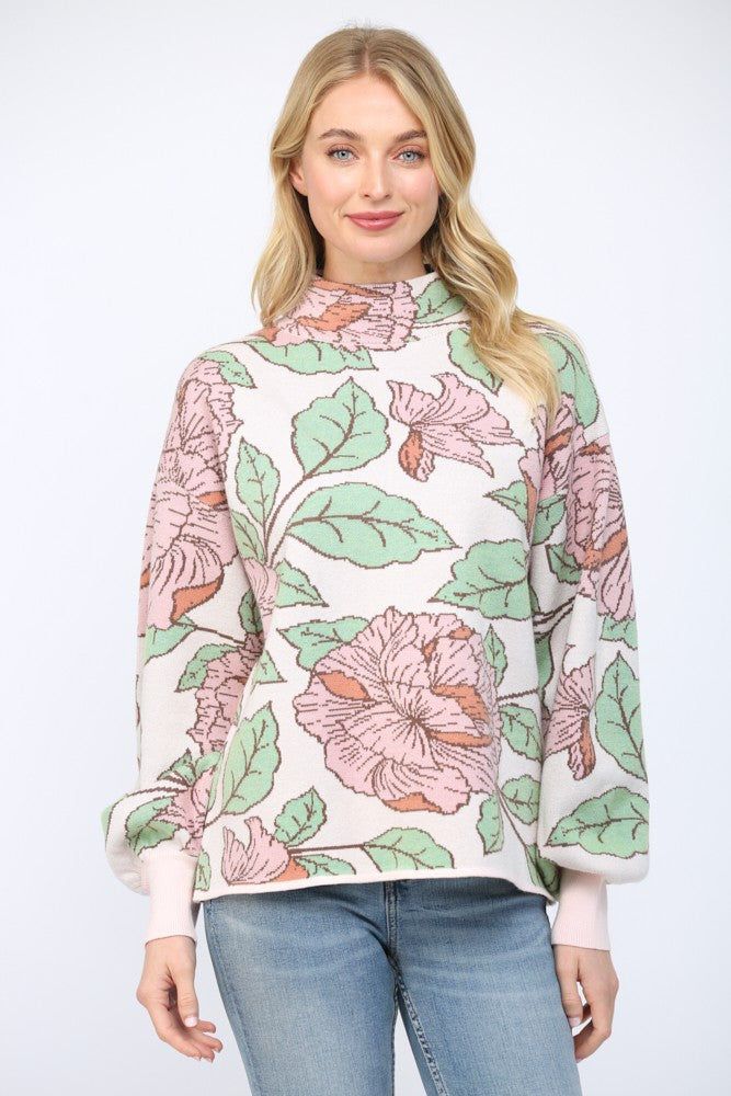 Floral Pattern Mock Neck Sweater