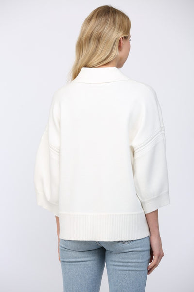 Striped V-Neck Collar 3/4 Sleeve Sweater