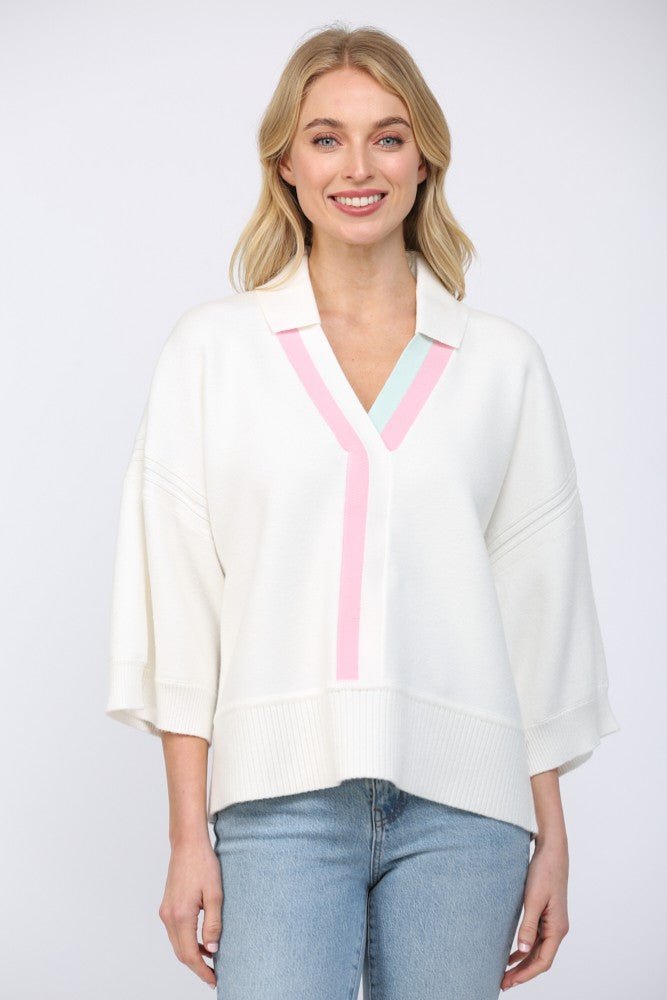Striped V-Neck Collar 3/4 Sleeve Sweater