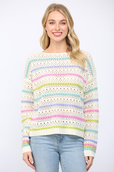 Stripe Pattern Open Knit Sweater