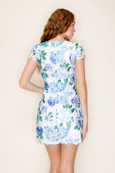 Printed Lace Cap Sleeve Mini Dress