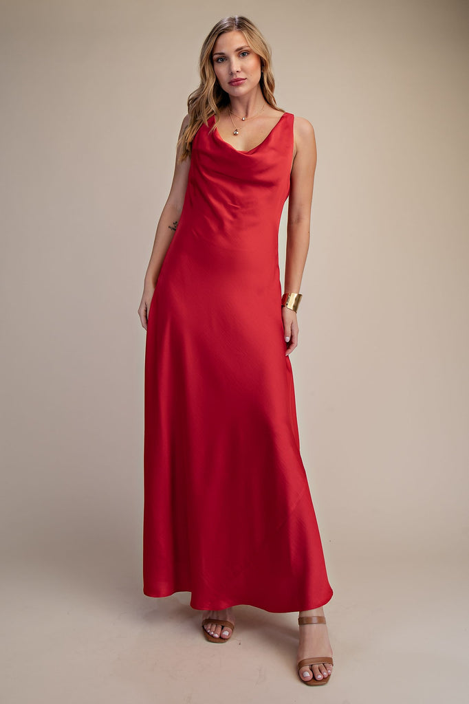 Cowl Neck Sleeveless Satin Maxi Dress