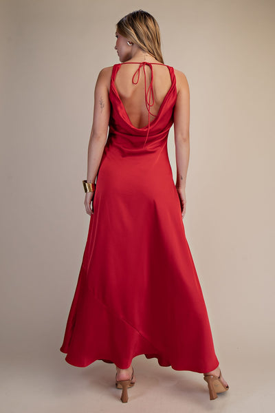 Cowl Neck Sleeveless Satin Maxi Dress