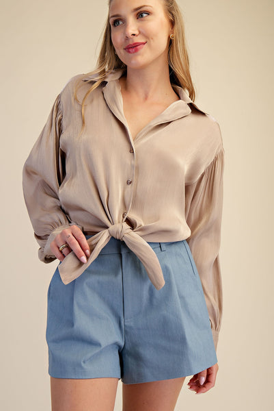 Tie Front Button Collared Shirt