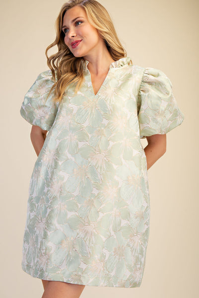 Ruffle V-Neck Puff Sleeve Mini Dress