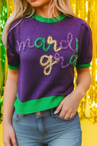 Mardi Gras Tinsel Short Sleeve Sweater