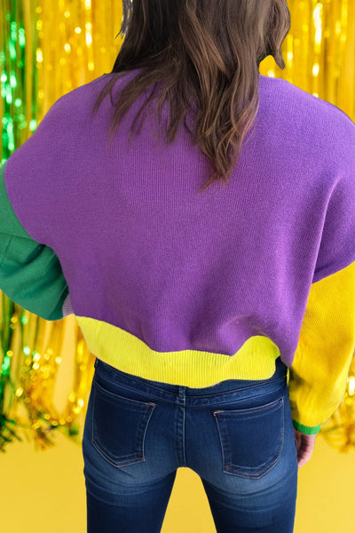 Colorblock Fuzzy Mardi Gras Sweater