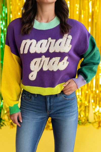 Colorblock Fuzzy Mardi Gras Sweater